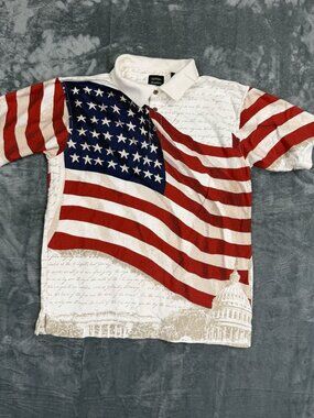 Cotton Traders American Flag Polo Shirt Medium USA Capitol Print 100% Cotton